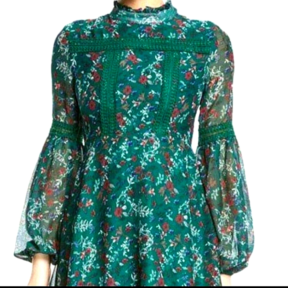 Free generations Boho green floral midi mini high neck dress long sleeves.MEDIUM